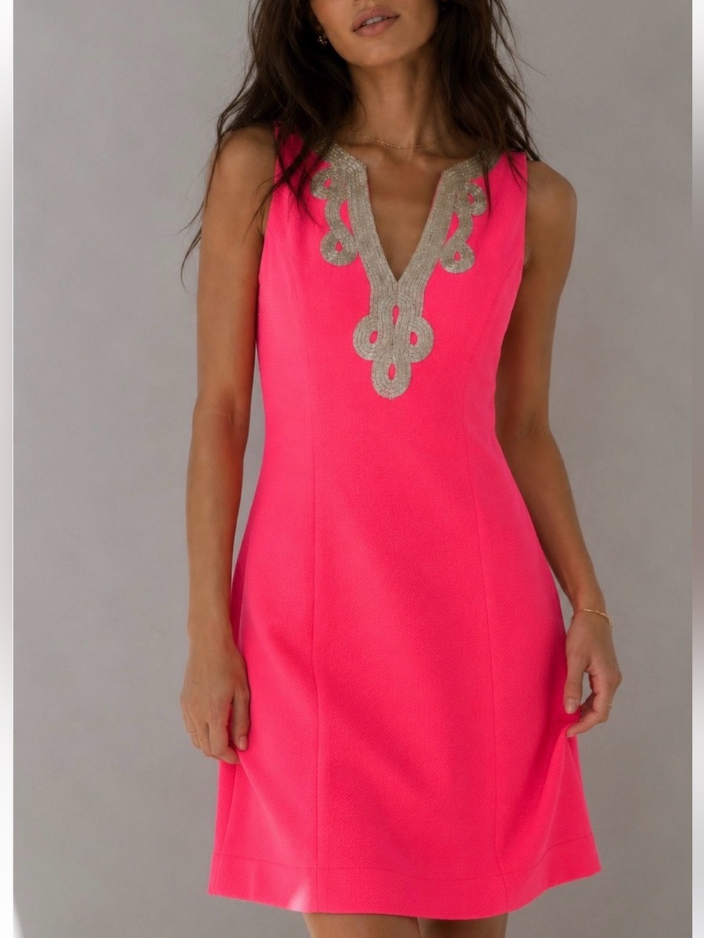 Vince Camuto Hot Pink Sleeveless Shift Dress with Gold Trim
